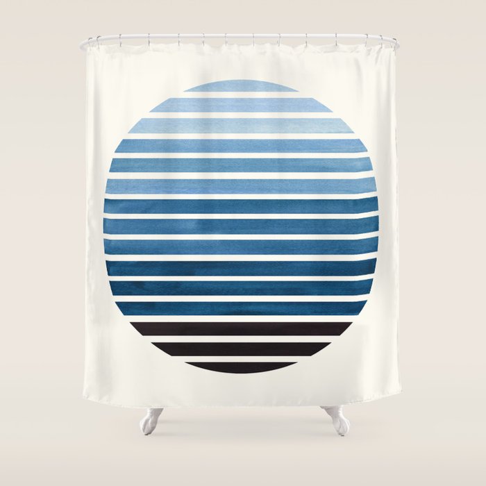 Green Blue Mid Century Modern Minimalist Scandinavian Colorful Stripes Geometric Pattern Round Circl Shower Curtain Gallery Image 1
