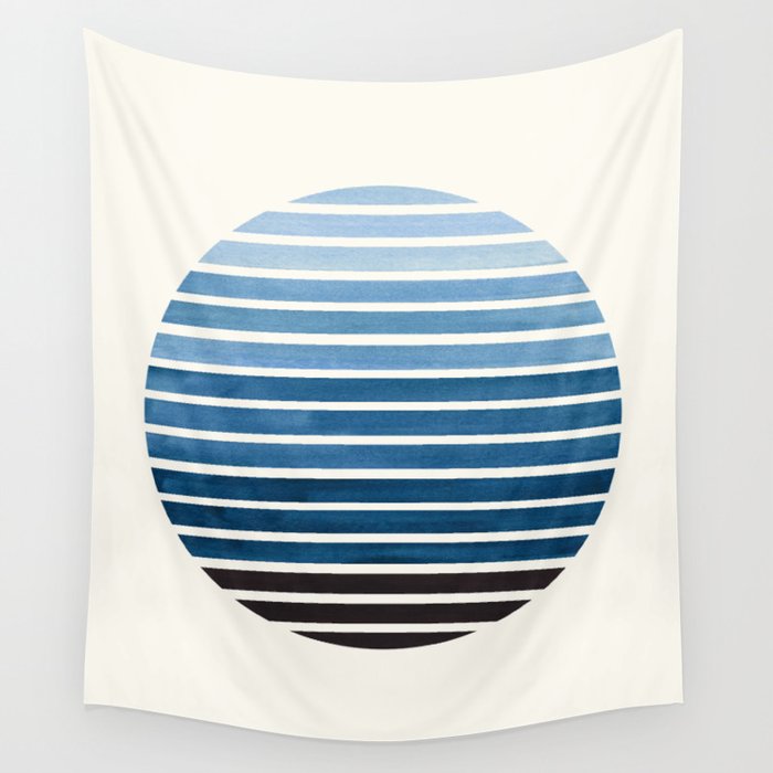 Green Blue Mid Century Modern Minimalist Scandinavian Colorful Stripes Geometric Pattern Round Circl Wall Tapestry Gallery Image 1