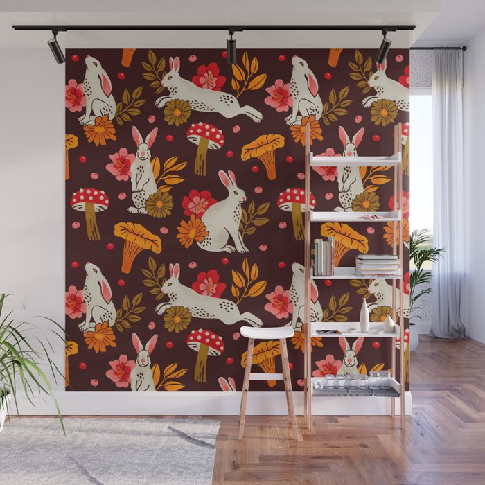 Bunnies and Shrooms Pattern Wall Mural Gallery Image 1