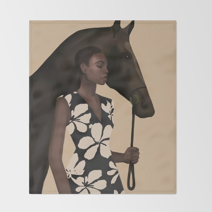 Woman in Bold Print with Black Horse Throw Blanket Gallery Image 2