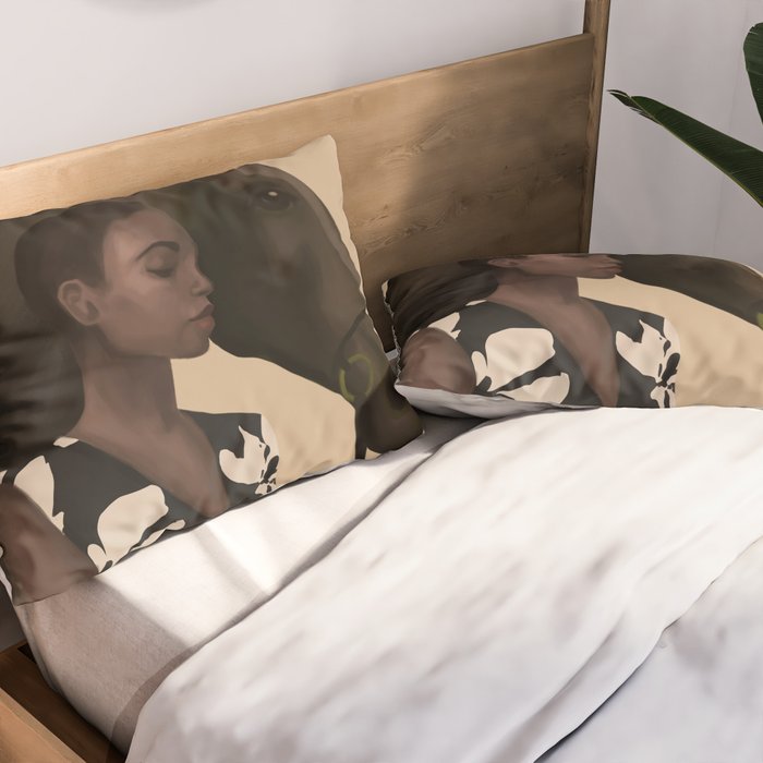 Woman in Bold Print with Black Horse Pillow Sham Gallery Image 2