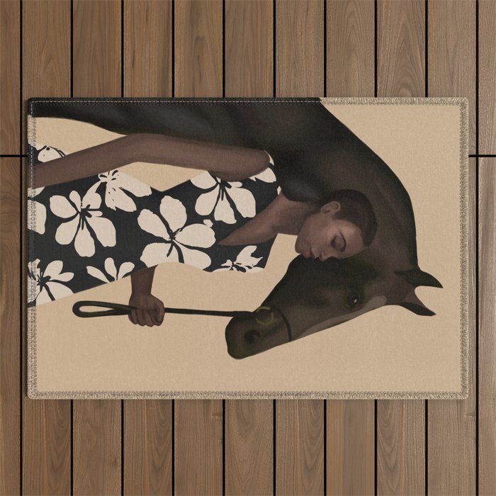 Woman in Bold Print with Black Horse Outdoor Rug Gallery Image 1