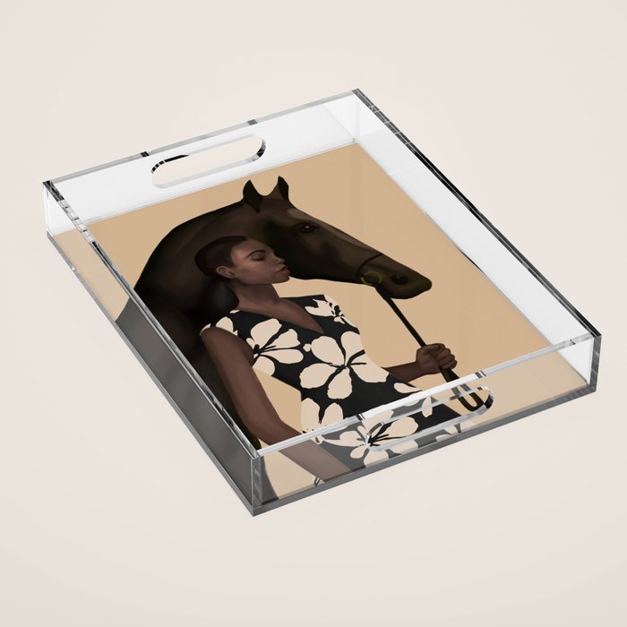 Woman in Bold Print with Black Horse Acrylic Tray Gallery Image 1