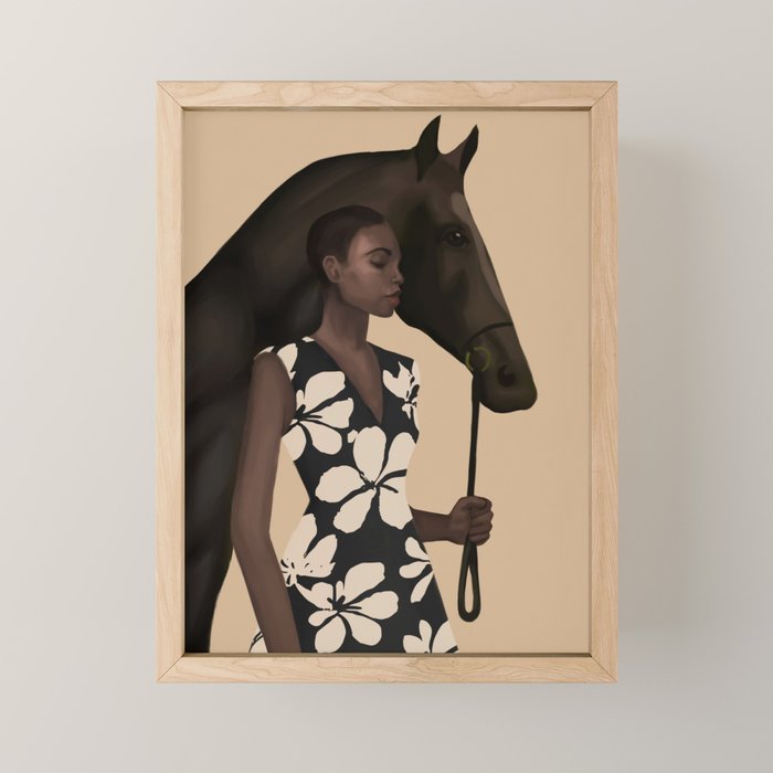 Woman in Bold Print with Black Horse Mini Art Print Gallery Image 1
