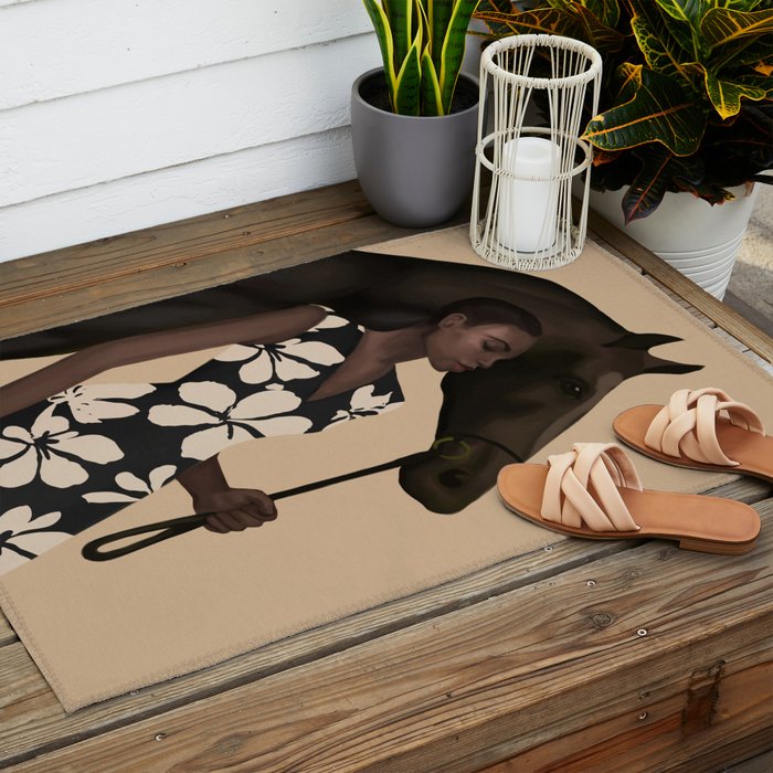 Woman in Bold Print with Black Horse Outdoor Rug Gallery Image 2
