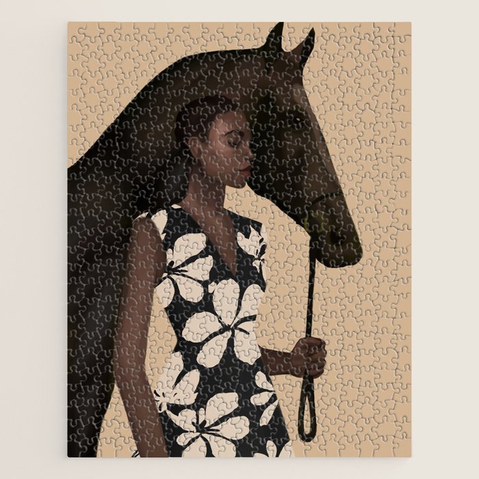 Woman in Bold Print with Black Horse Jigsaw Puzzle Gallery Image 1