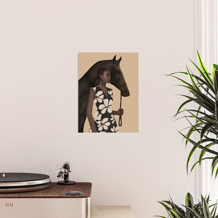 Woman in Bold Print with Black Horse Poster Gallery Image 2