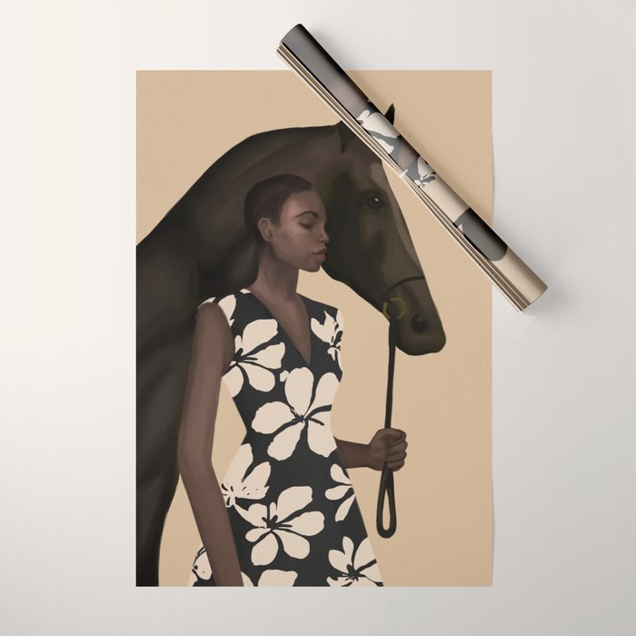 Woman in Bold Print with Black Horse Wrapping Paper Gallery Image 1