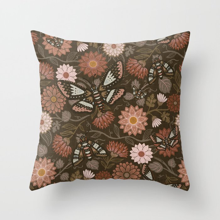 Moth Floral - Brown Throw Pillow Gallery Image 1