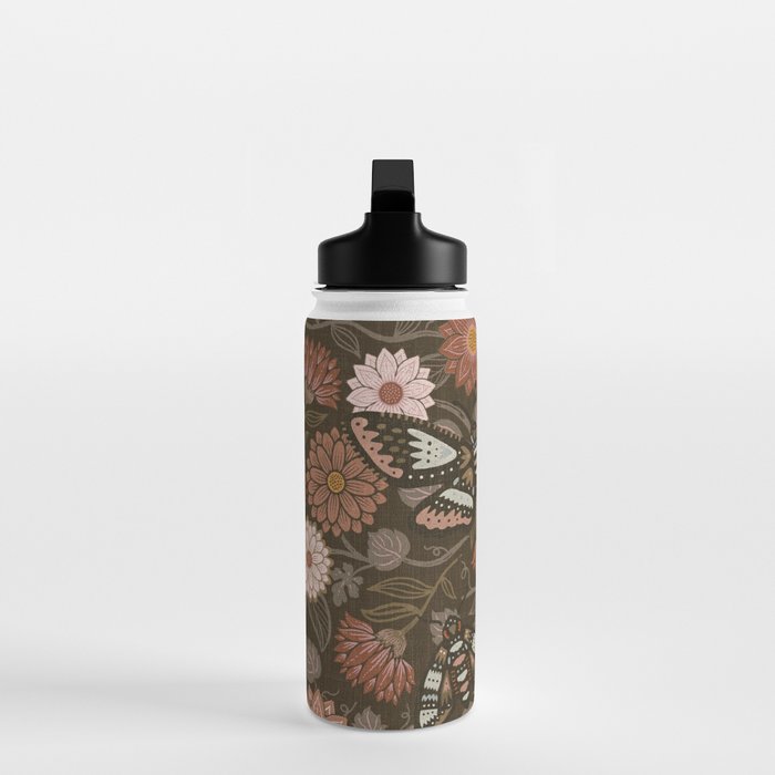 Moth Floral - Brown Water Bottle Gallery Image 3