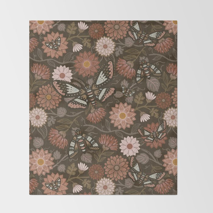 Moth Floral - Brown Throw Blanket Gallery Image 2