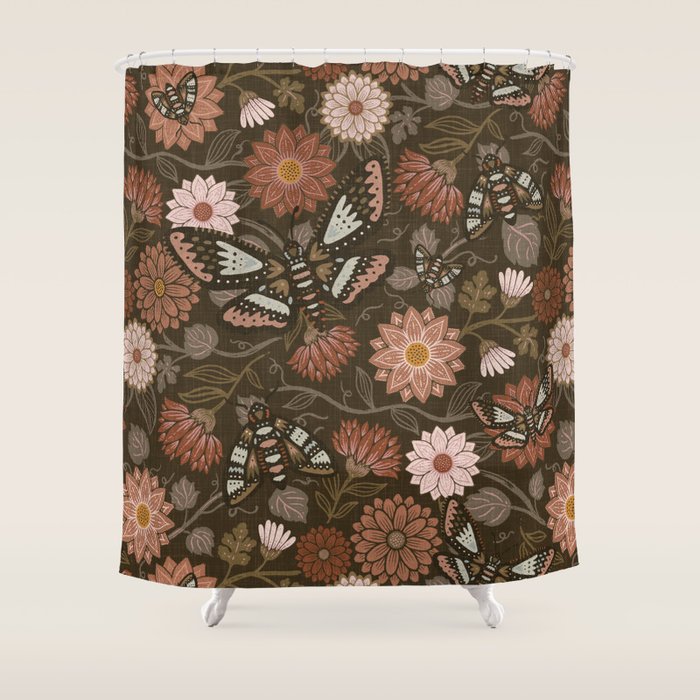 Moth Floral - Brown Shower Curtain Gallery Image 1
