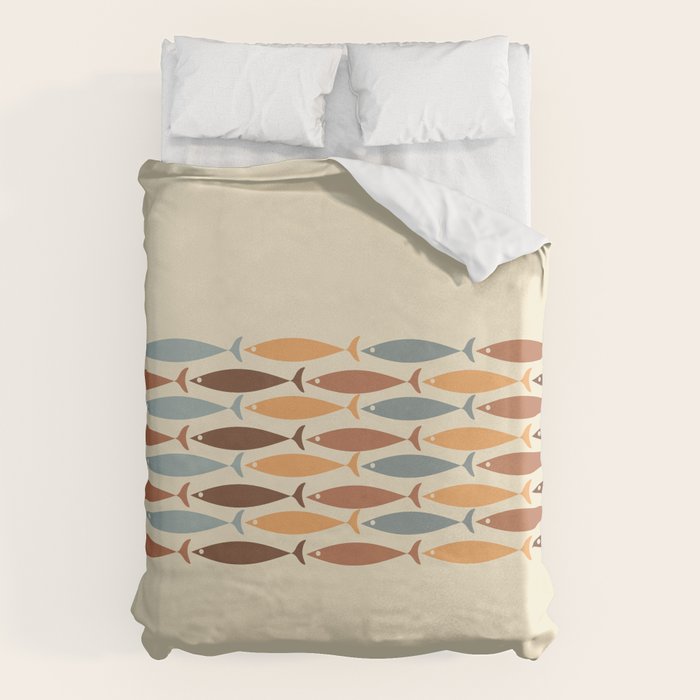 Fish Stripe Mid-Century Modern Minimalism in Slate Blue Brown Orange Beige Duvet Cover Gallery Image 1
