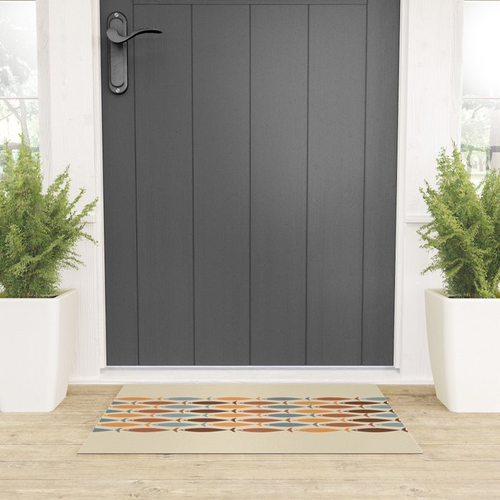 Fish Stripe Mid-Century Modern Minimalism in Slate Blue Brown Orange Beige Welcome Mat Gallery Image 3