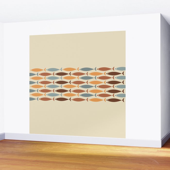 Fish Stripe Mid-Century Modern Minimalism in Slate Blue Brown Orange Beige Wall Mural Gallery Image 2
