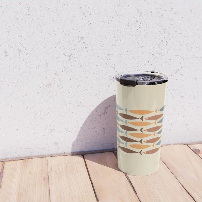 Fish Stripe Mid-Century Modern Minimalism in Slate Blue Brown Orange Beige Travel Mug Gallery Image 4