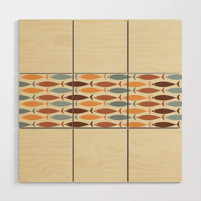 Fish Stripe Mid-Century Modern Minimalism in Slate Blue Brown Orange Beige Wood Wall Art Gallery Image 1
