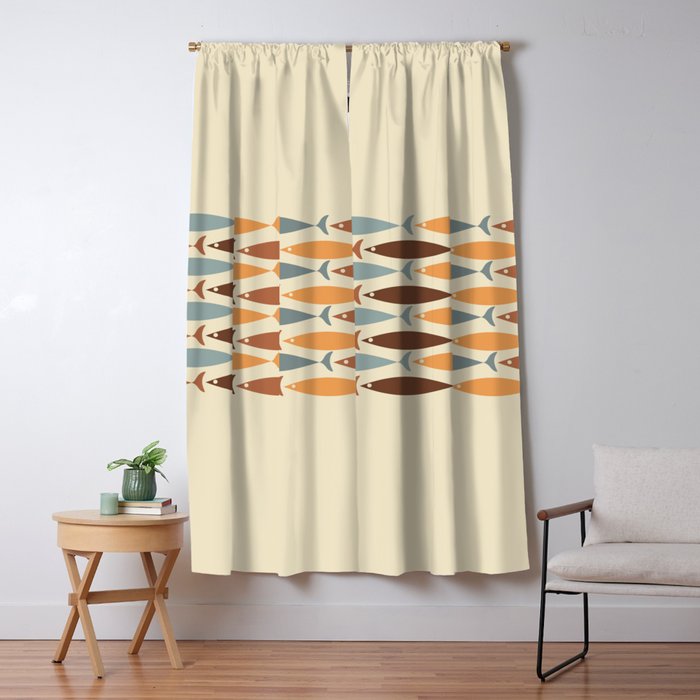 Fish Stripe Mid-Century Modern Minimalism in Slate Blue Brown Orange Beige Window Curtain Gallery Image 5