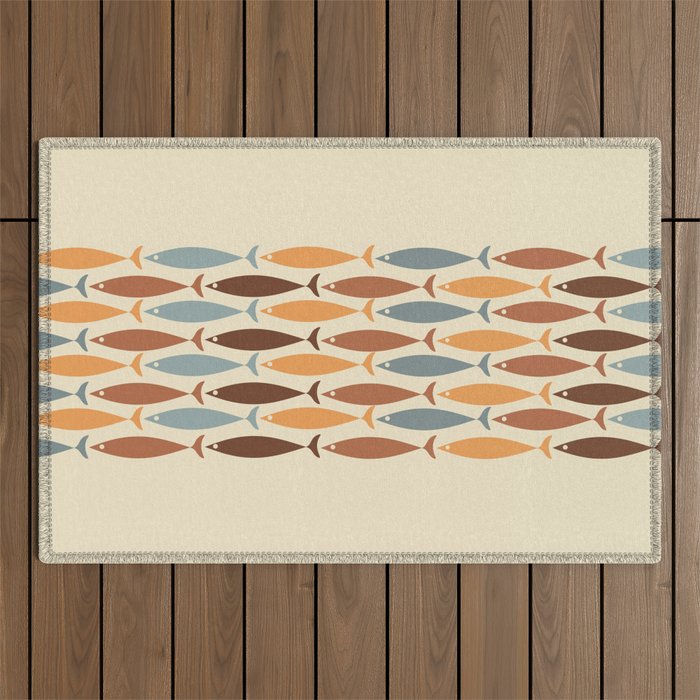 Fish Stripe Mid-Century Modern Minimalism in Slate Blue Brown Orange Beige Outdoor Rug Gallery Image 1