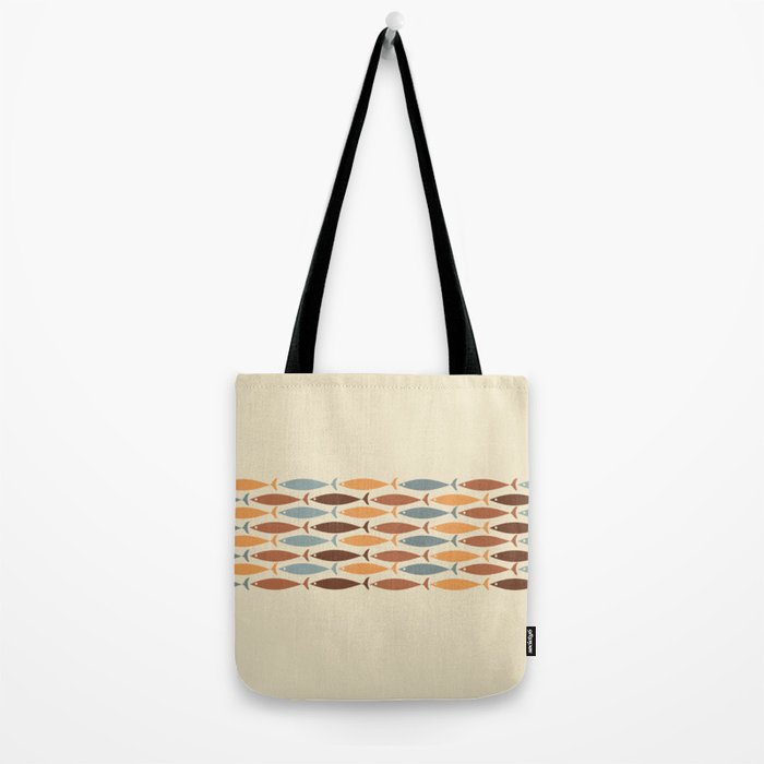 Fish Stripe Mid-Century Modern Minimalism in Slate Blue Brown Orange Beige Tote Bag Gallery Image 2