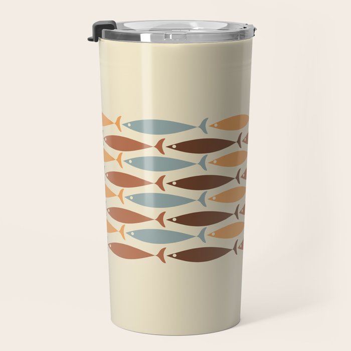 Fish Stripe Mid-Century Modern Minimalism in Slate Blue Brown Orange Beige Travel Mug Gallery Image 3