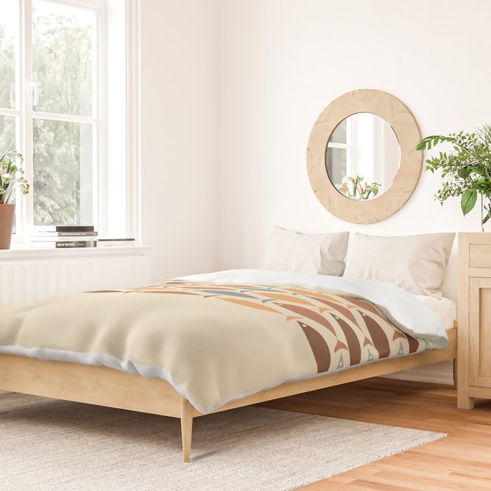 Fish Stripe Mid-Century Modern Minimalism in Slate Blue Brown Orange Beige Duvet Cover Gallery Image 2