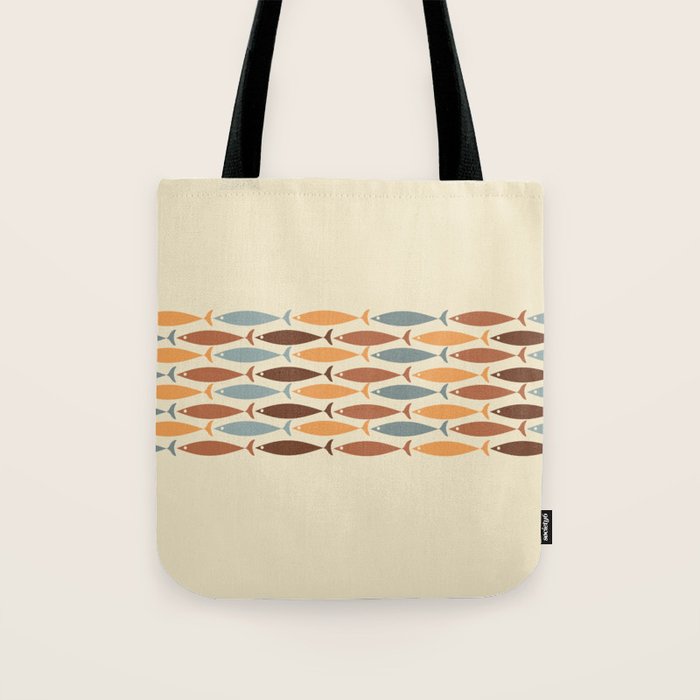 Fish Stripe Mid-Century Modern Minimalism in Slate Blue Brown Orange Beige Tote Bag Gallery Image 1