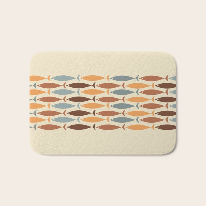 Fish Stripe Mid-Century Modern Minimalism in Slate Blue Brown Orange Beige Bath Mat Gallery Image 1