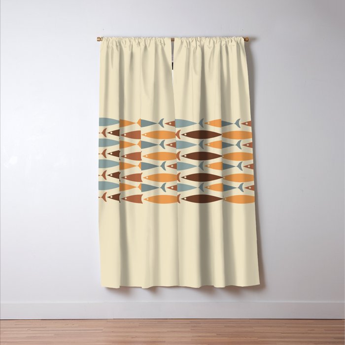 Fish Stripe Mid-Century Modern Minimalism in Slate Blue Brown Orange Beige Window Curtain Gallery Image 3