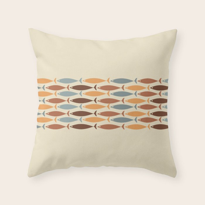 Fish Stripe Mid-Century Modern Minimalism in Slate Blue Brown Orange Beige Throw Pillow Gallery Image 1