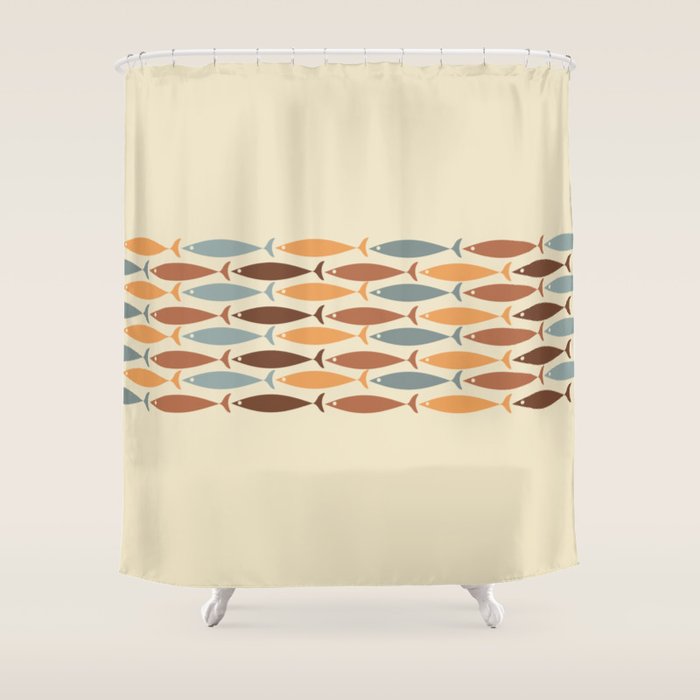 Fish Stripe Mid-Century Modern Minimalism in Slate Blue Brown Orange Beige Shower Curtain Gallery Image 1