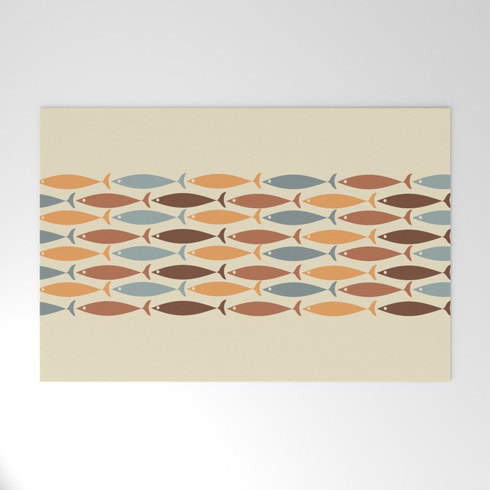 Fish Stripe Mid-Century Modern Minimalism in Slate Blue Brown Orange Beige Welcome Mat Gallery Image 1