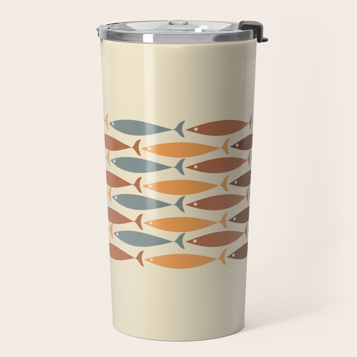 Fish Stripe Mid-Century Modern Minimalism in Slate Blue Brown Orange Beige Travel Mug Gallery Image 2
