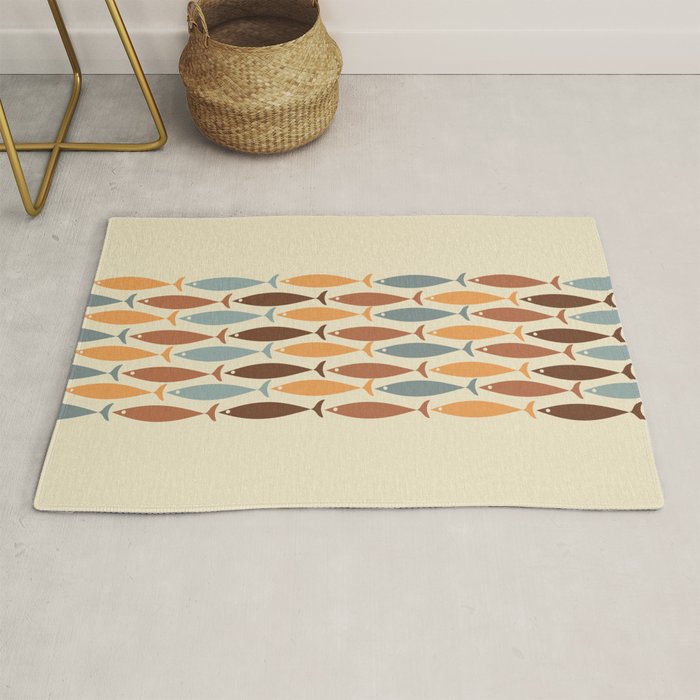 Fish Stripe Mid-Century Modern Minimalism in Slate Blue Brown Orange Beige Rug Gallery Image 1