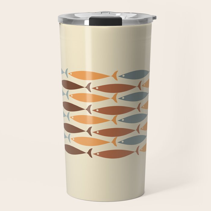 Fish Stripe Mid-Century Modern Minimalism in Slate Blue Brown Orange Beige Travel Mug Gallery Image 1