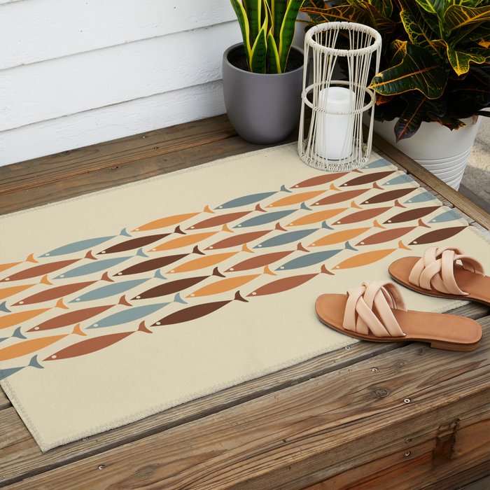 Fish Stripe Mid-Century Modern Minimalism in Slate Blue Brown Orange Beige Outdoor Rug Gallery Image 2