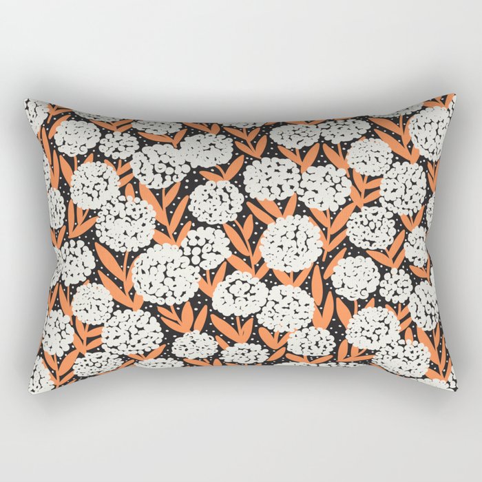 Blooming Abstract White and Orange Allium Flowers on Black Rectangular Pillow Gallery Image 1