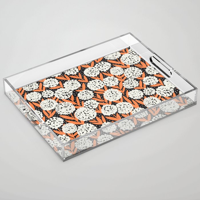 Blooming Abstract White and Orange Allium Flowers on Black Acrylic Tray Gallery Image 1