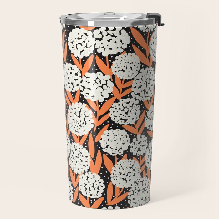Blooming Abstract White and Orange Allium Flowers on Black Travel Mug Gallery Image 2