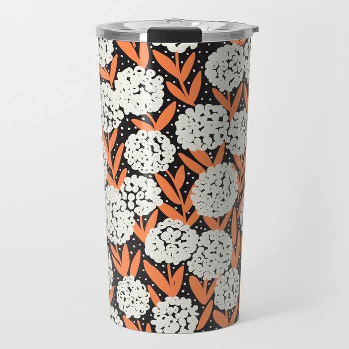 Blooming Abstract White and Orange Allium Flowers on Black Travel Mug Gallery Image 1