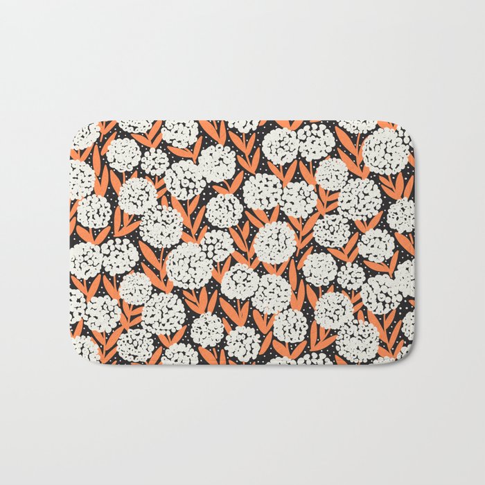 Blooming Abstract White and Orange Allium Flowers on Black Bath Mat Gallery Image 1