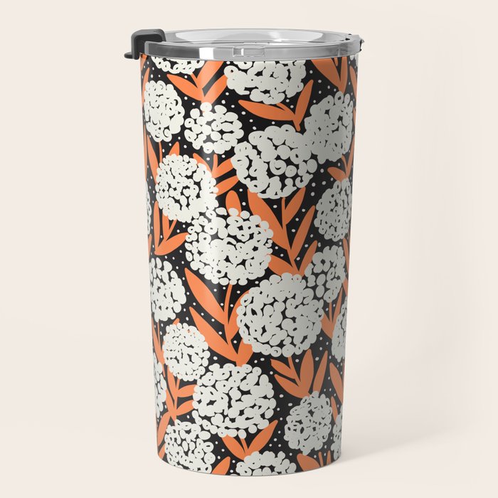 Blooming Abstract White and Orange Allium Flowers on Black Travel Mug Gallery Image 3