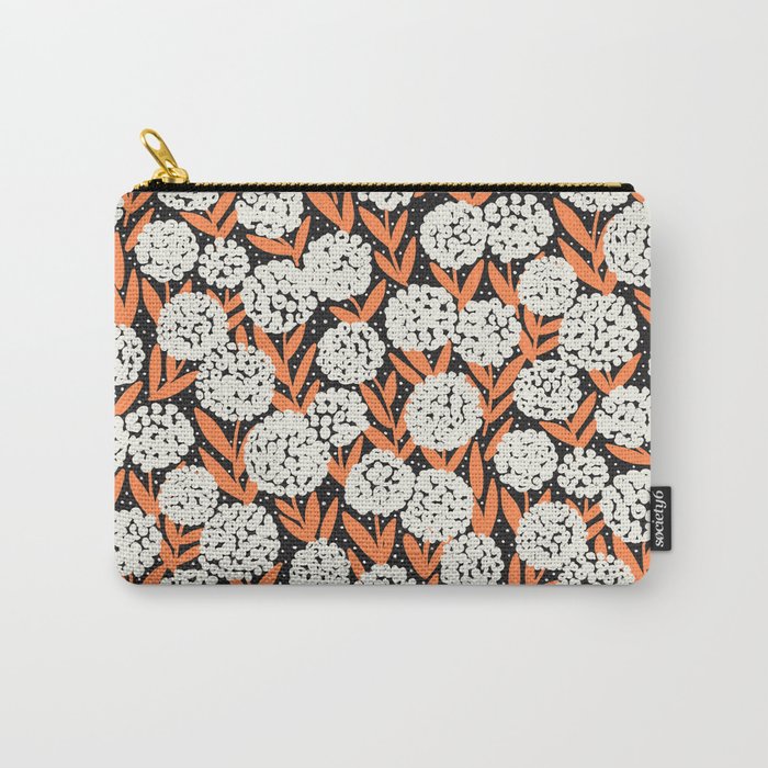 Blooming Abstract White and Orange Allium Flowers on Black Carry All Pouch Gallery Image 1
