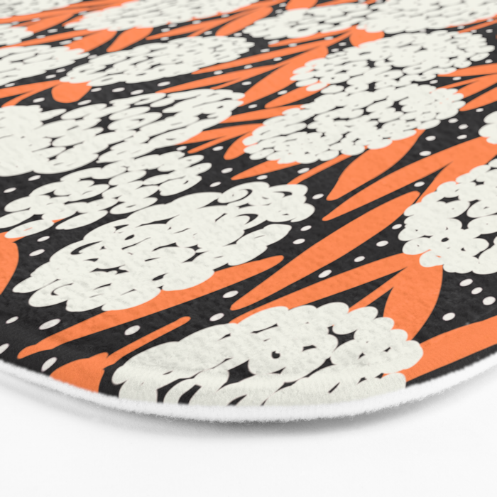 Blooming Abstract White and Orange Allium Flowers on Black Bath Mat Gallery Image 3