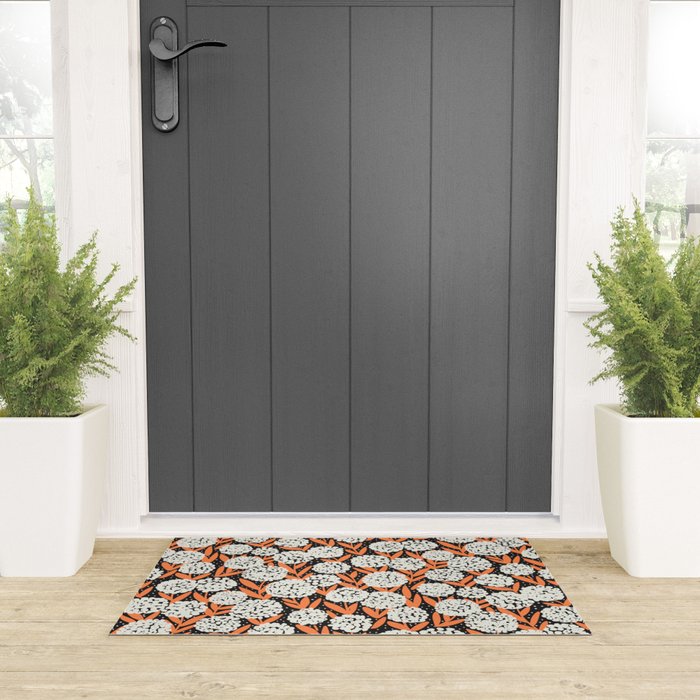 Blooming Abstract White and Orange Allium Flowers on Black Welcome Mat Gallery Image 3