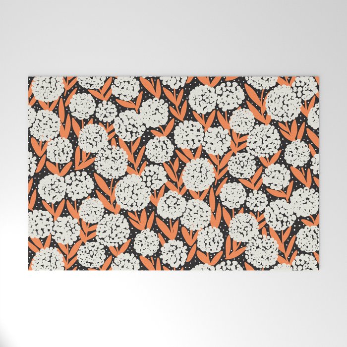 Blooming Abstract White and Orange Allium Flowers on Black Welcome Mat Gallery Image 1