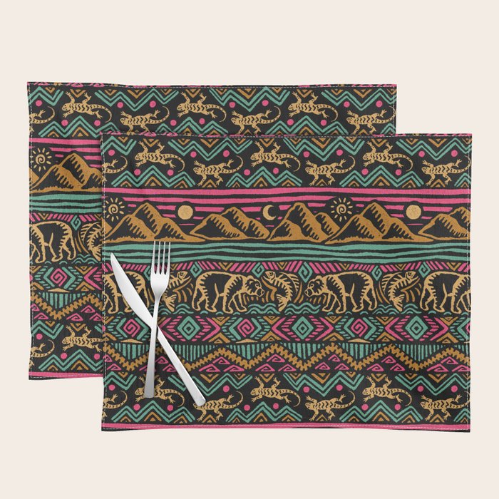 Mangatsika Mountain Stripe - Gold, pink, and teal Placemat Gallery Image 1