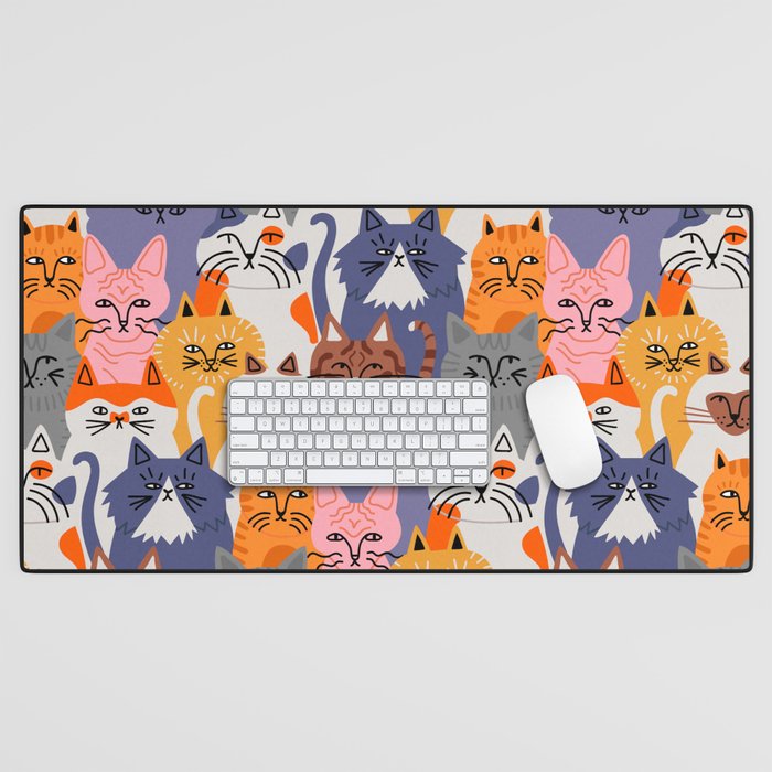 Funny diverse cat crowd character cartoon background Desk Mat Gallery Image 1