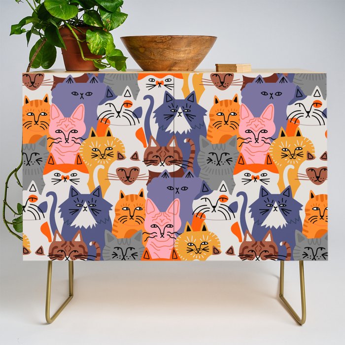 Funny diverse cat crowd character cartoon background Credenza Gallery Image 1