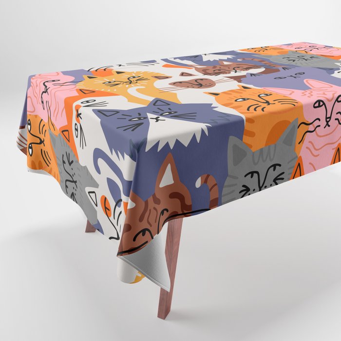Funny diverse cat crowd character cartoon background Tablecloth Gallery Image 1